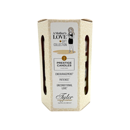 Hexagonal box packaging for Tyler Prestige Candles with 'A Mother's Love' branding on a white background.