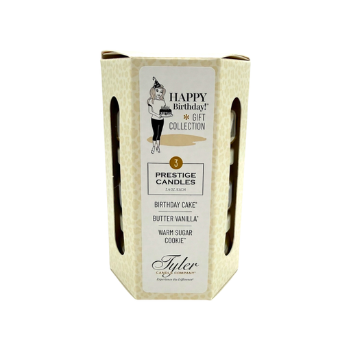 Box of Tyler Prestige Candles with birthday cake and vanilla scents on a white background