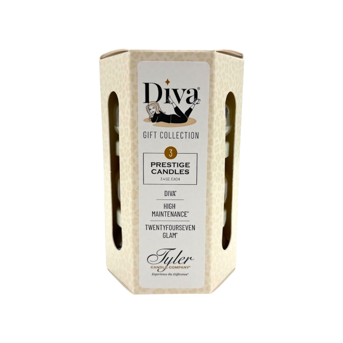 Diva gift collection packaging with a candle labeled 'High Maintenance' on a white background
