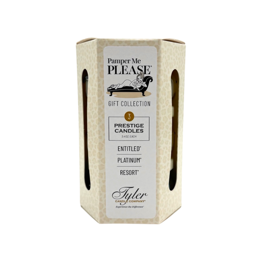 Pamper Me Please gift collection box with Tyler Candle Company branding on a white background