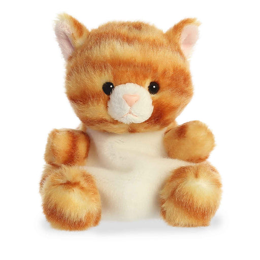 Plush toy cat with orange and white fur on a white background