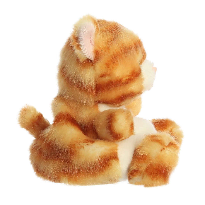 Plush cat toy with orange and white stripes on a white background