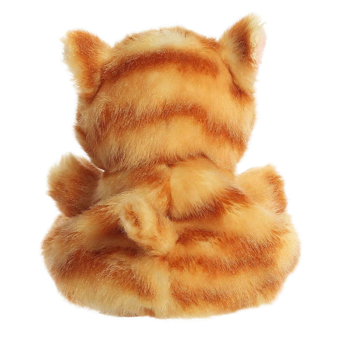 Back view of a plush cat toy with orange and white fur on a white background