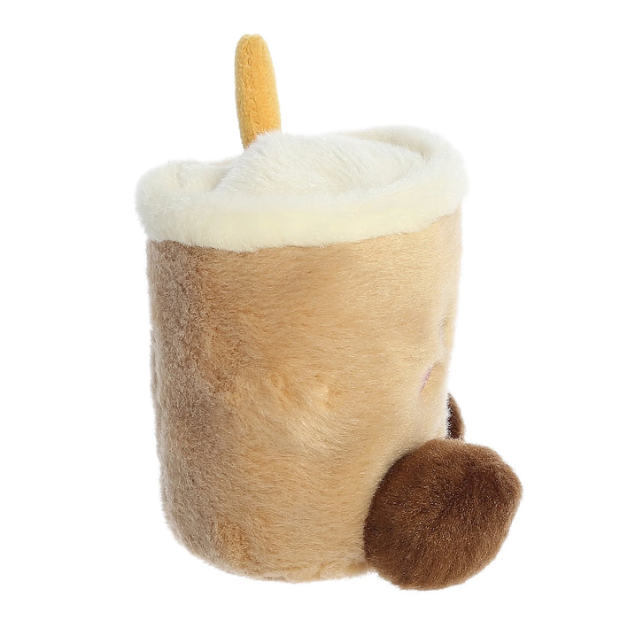 Plush toy shaped like a cup with a handle and a tail on a white background