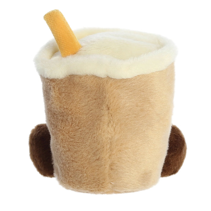 Plush toy resembling a hot chocolate cup with a straw on a white background