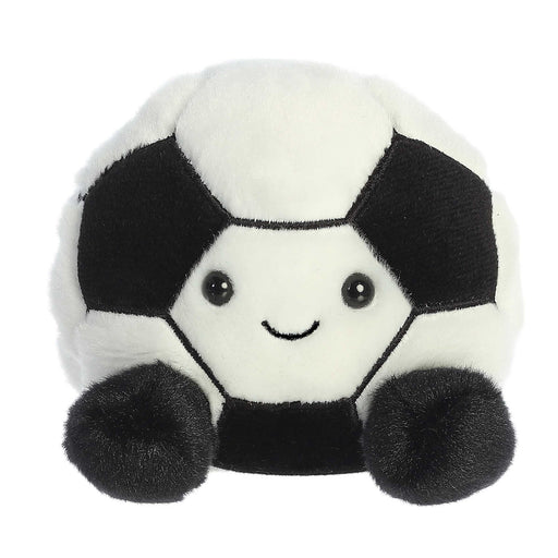 Plush toy shaped like a soccer ball with a smiling face on a white background