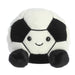 Plush toy shaped like a soccer ball with a smiling face on a white background