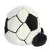 Plush toy shaped like a soccer ball with black and white pattern on a white background