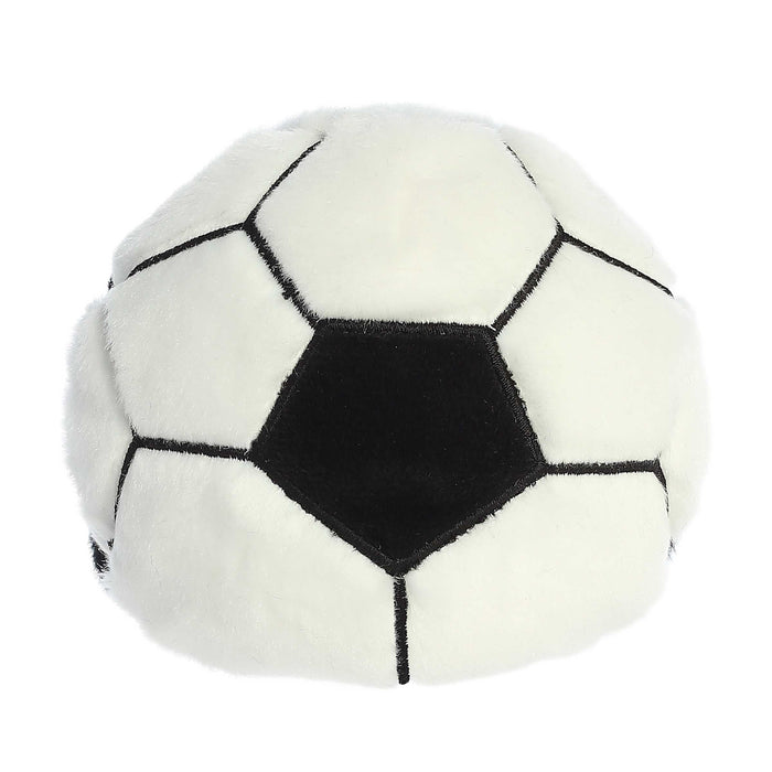 White and black soccer ball plush toy on a white background