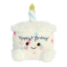 Plush toy shaped like a birthday cake with a candle and 'Happy B-day' text on a white background