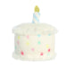 Plush toy shaped like a birthday cake with colorful candles on a white background