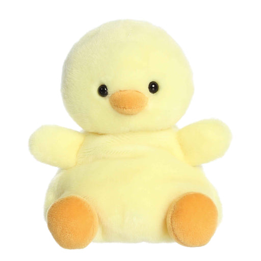 Yellow plush duck toy on a white background