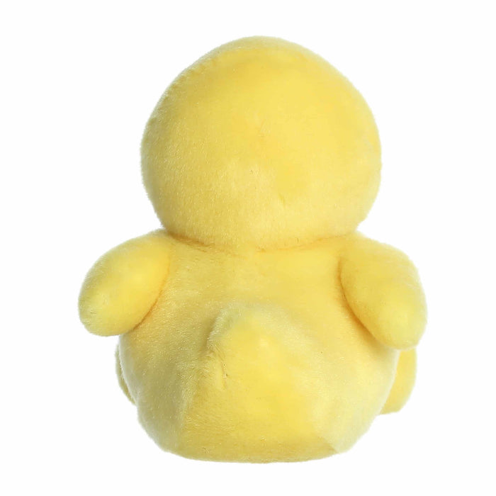 Yellow plush duck toy on a white background