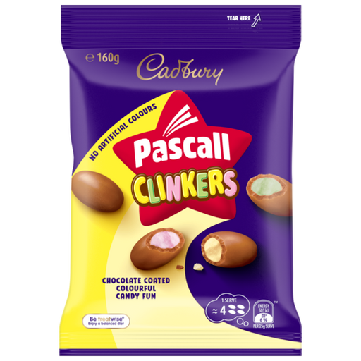 Packaging of Pascall Clinkers chocolate-coated candies with Cadbury branding.