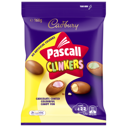 Packaging of Pascall Clinkers chocolate-coated candies with Cadbury branding.