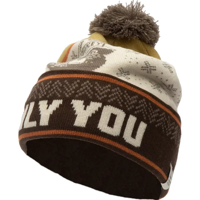 Knitted hat with text 'LOVE YOU' and a pom-pom on a white background