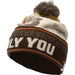 Knitted hat with text 'LOVE YOU' and a pom-pom on a white background