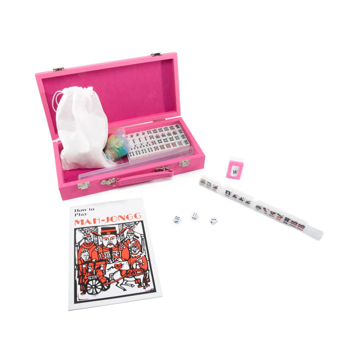 Pink麻将 (mahjong) set with tiles, rules, and accessories on a white background