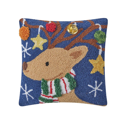 Reindeer with Ornaments Hooked Wool Pillow