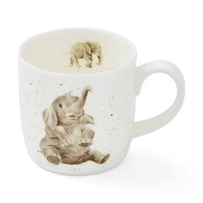 White mug with elephant design on a white background