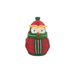 Decorative owl figurine wearing a red sweater and green hat on a white background