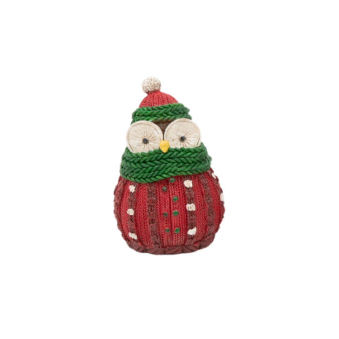 Decorative owl figurine wearing a red sweater and green scarf on a white background