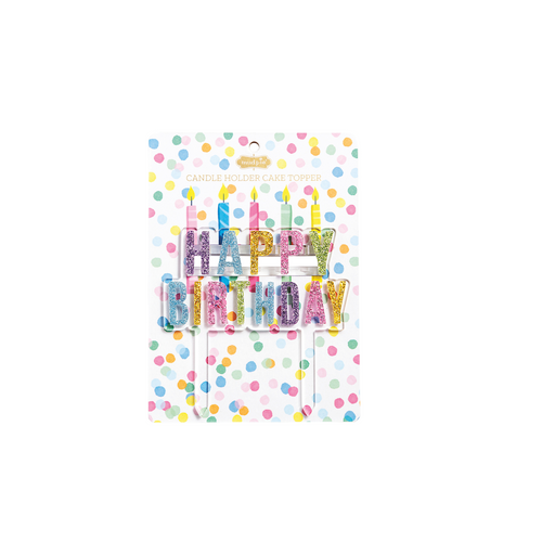Pack of colorful 'Happy Birthday' candle holders with confetti design on a white background