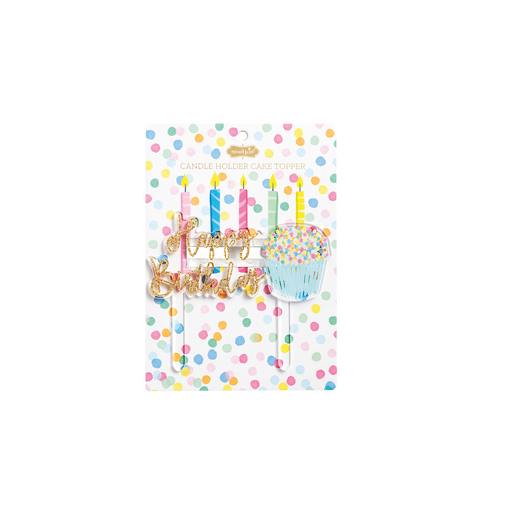 Packaged birthday candles with polka dot pattern on a white background