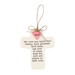 Decorative cross with sentimental message and pink heart on a white background