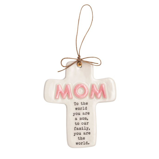 Decorative cross-shaped ornament with 'MOM' and a quote on a white background