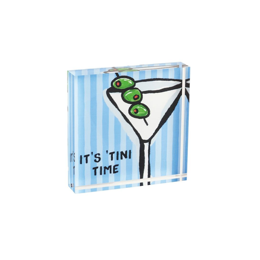Decorative block with a martini glass design and 'It's 'Tini Time' text on a striped background.