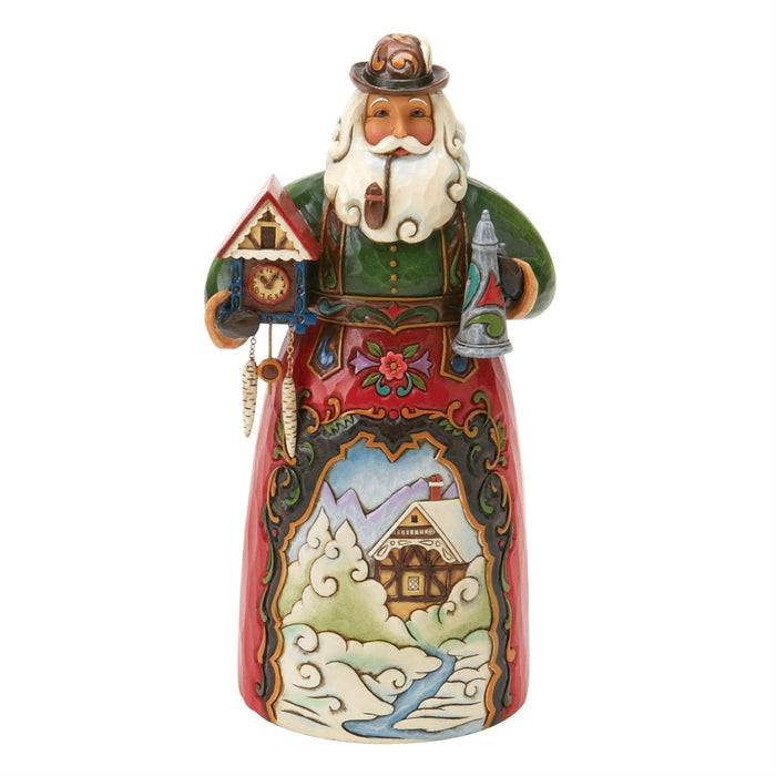 Decorative figurine of a man with a beard, wearing a hat and holding a clock tower, on a white background.