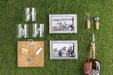 Collection of Whistleback brand items including glasses, frames, and bottle on a grassy background