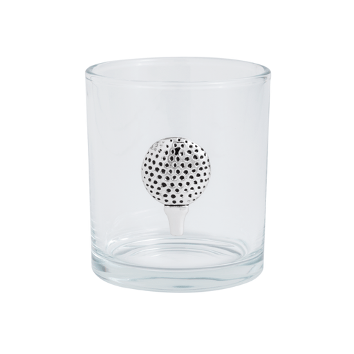 Clear glass tumbler with a decorative golf ball on a white background