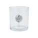 Clear glass tumbler with a decorative golf ball on a white background