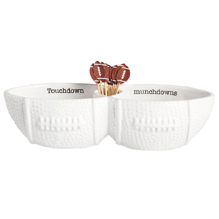 White divided bowl with football-themed toothpicks on a white background