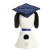 Stuffed dog toy wearing a blue graduation cap and gown on a white background