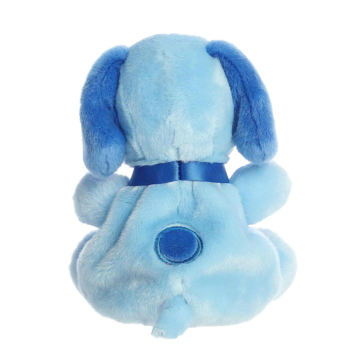 Blue plush dog toy with a blue bow on a white background
