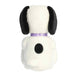 Plush dog toy with a purple collar on a white background