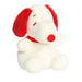 Plush toy resembling a dog with red ears and nose on a white background