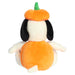 Plush toy of a dog character in a pumpkin costume on a white background