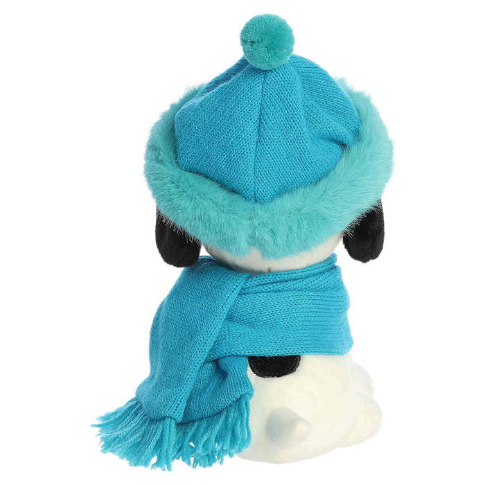 Snoopy plush with blue hat and blue scarf on a white background