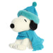 Snoopy plush with blue hat and blue scarf on a white background