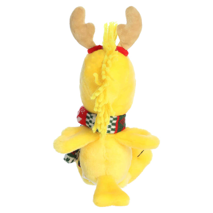 Woodstock plush with reindeer antlers and a scarf on a white background