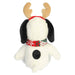 Snoopy plush with reindeer antlers and a scarf on a white background