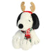 Snoopy plush with reindeer antlers and a scarf on a white background