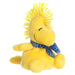 Woodstock plush toy with a blue winter pattern scarf on a white background