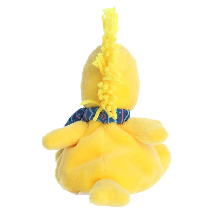 Woodstock plush toy with a blue winter pattern scarf on a white background