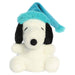 Snoopy plush toy with a blue winter hat on a white background