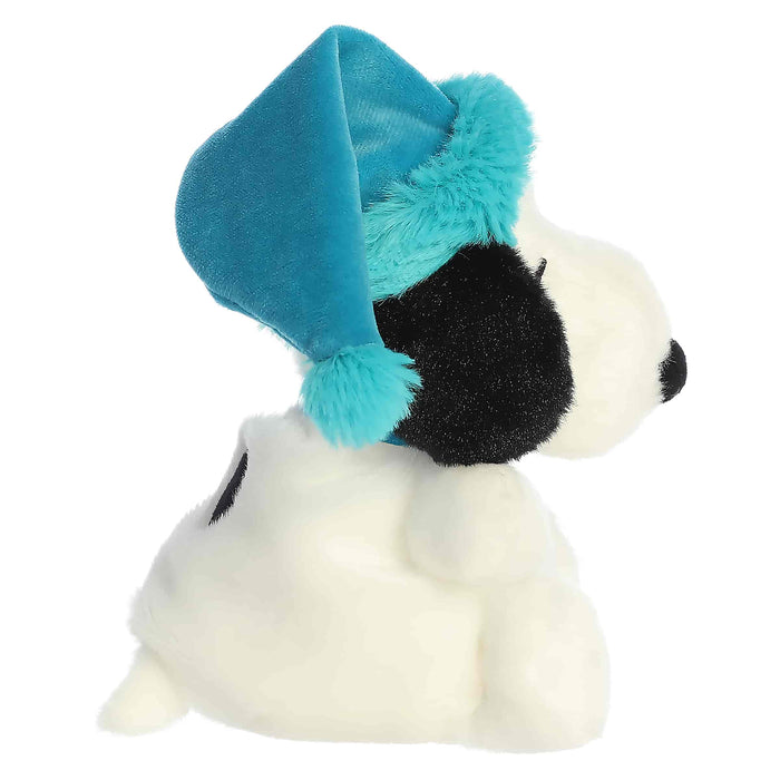 Snoopy plush toy with a blue winter hat on a white background